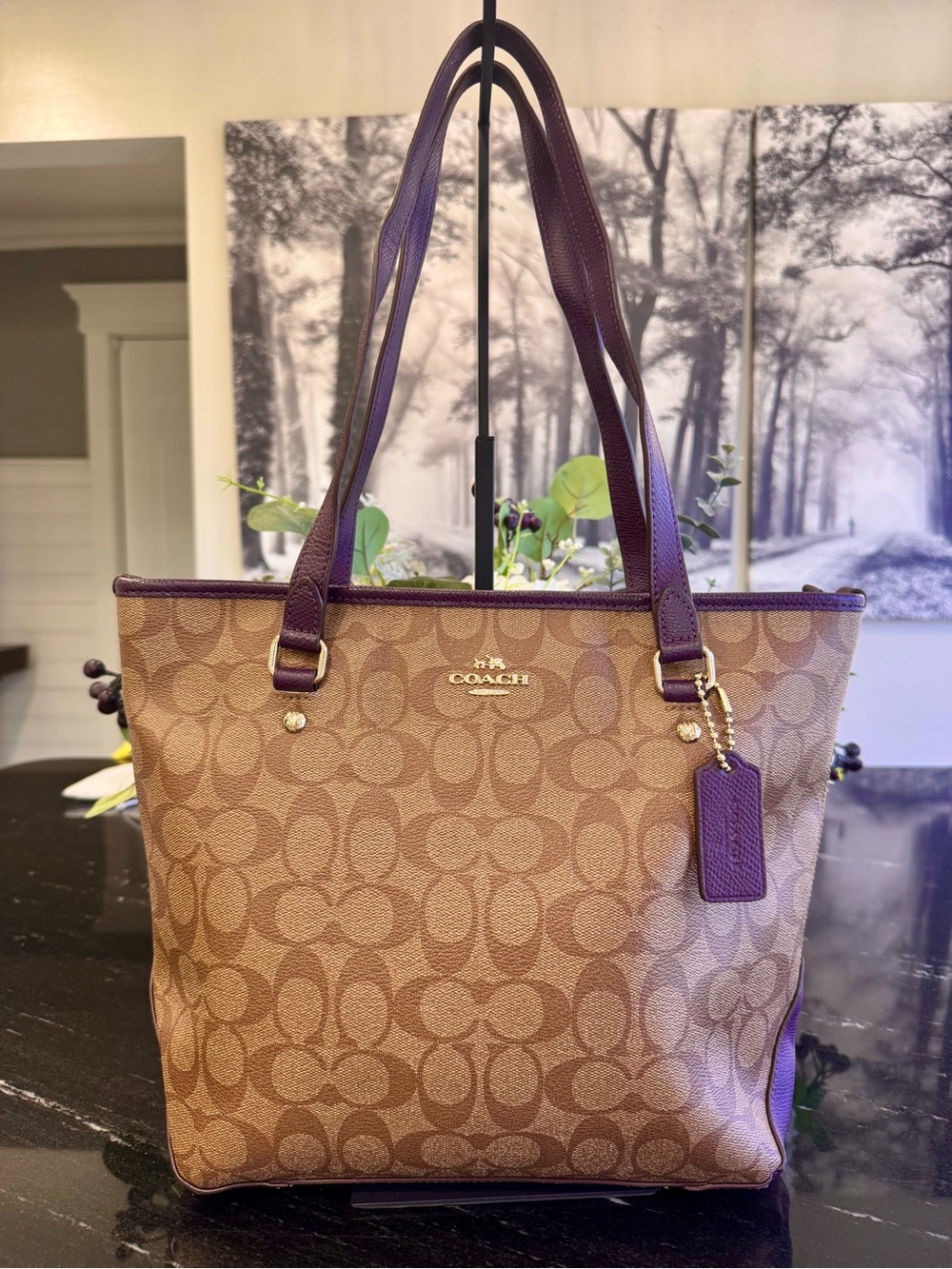 Coach Brown Signature Canvas Tote with Purple Leather Trim